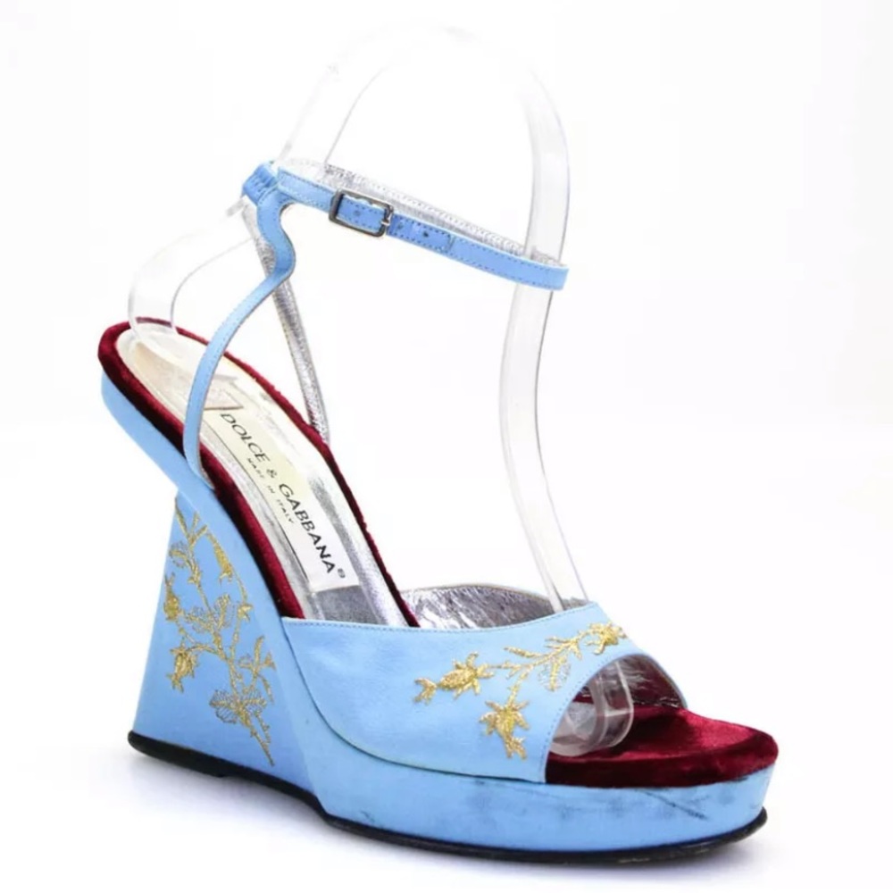Dolce & Gabbana Blue Gold Wedges Sandals Shoes 37